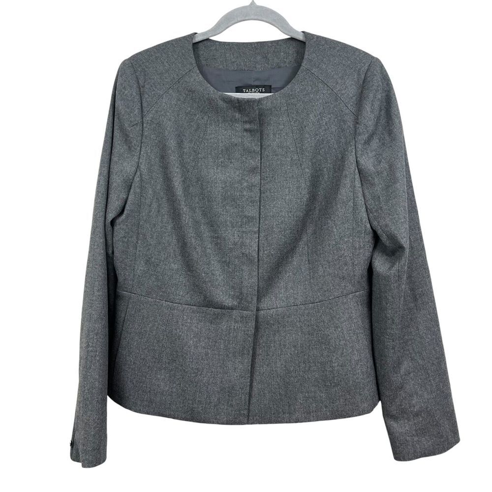 Talbots Womens Wool Blend Blazer Collarless Lined Zip Up Heather Gray Size 10*